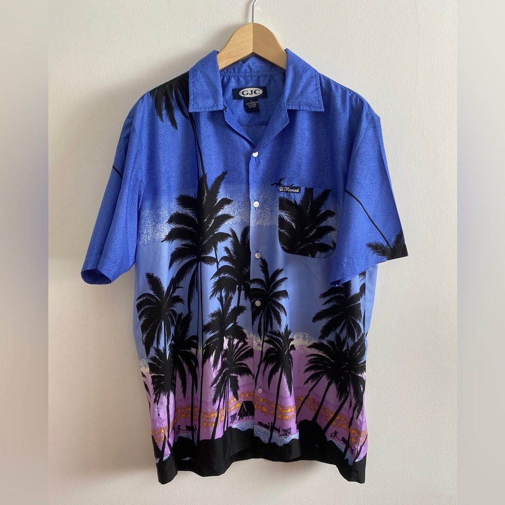 GJC VTG Hawaiian Style Short Sleeve Botton Down Shirt Men Size Large St. Thomas